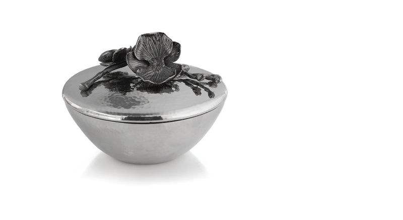 Black orchid covered candy dish