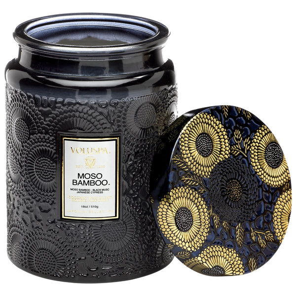 Moso bamboo embosed glass jar candle