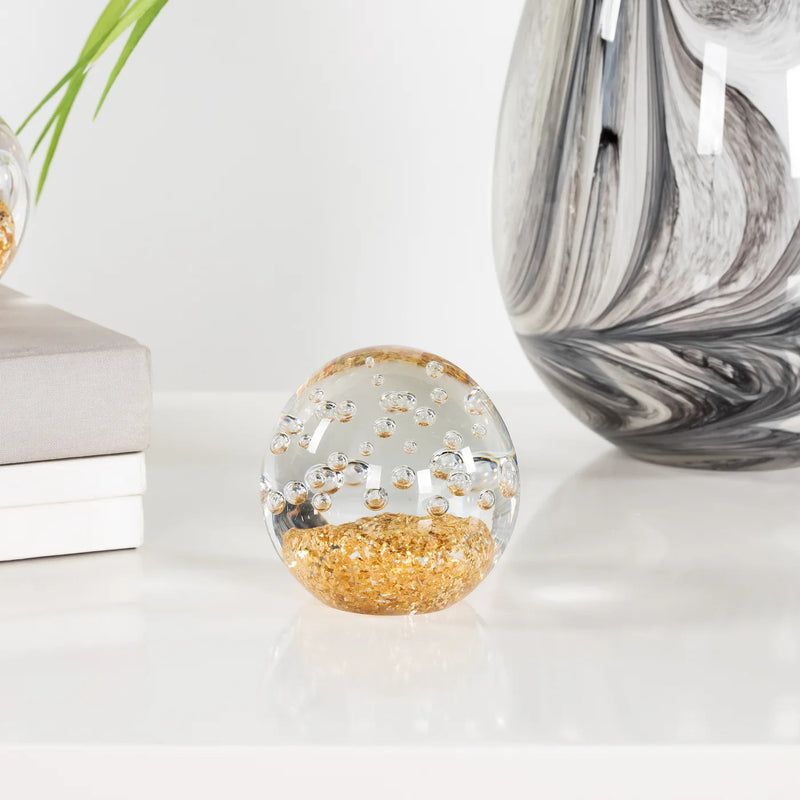 Giant glass ball paperweight with bubbles gold 18cm