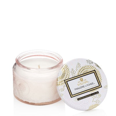 Panjore lychee petite candle in a colored jar w/lid